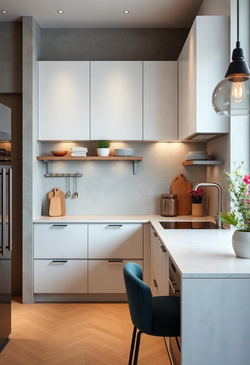 Check out a trendy apartment kitchen where the backsplash houses integrated storage solutions, keeping your cooking essentials within arm’s reach yet out of sight