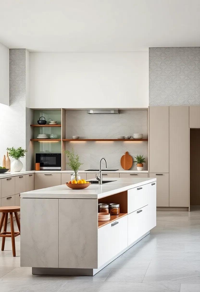 Discover a chic, modern kitchen with an island that doubles as a storage unit—pull open the hidden compartments to reveal everything from pots to spices