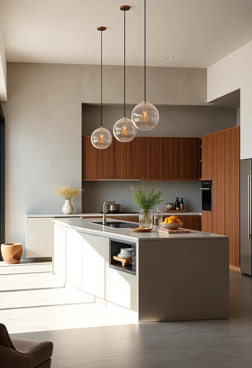 Discover a multifunctional kitchen island with integrated electrical outlets and hidden compartments for kitchen gadgets, blending utility with style