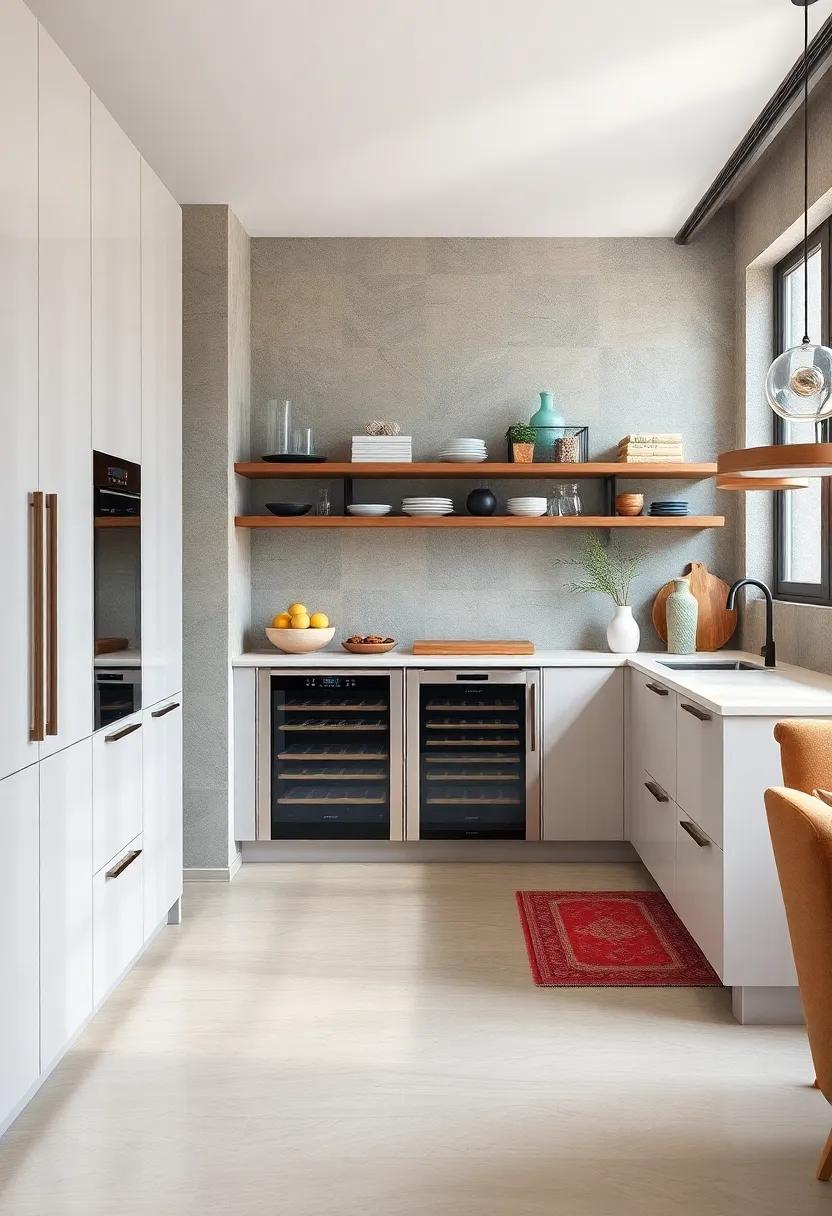 Discover a function-driven kitchen with a hidden wine fridge within the cabinetry, ensuring your favorite bottles are close at hand yet cleverly out of sight