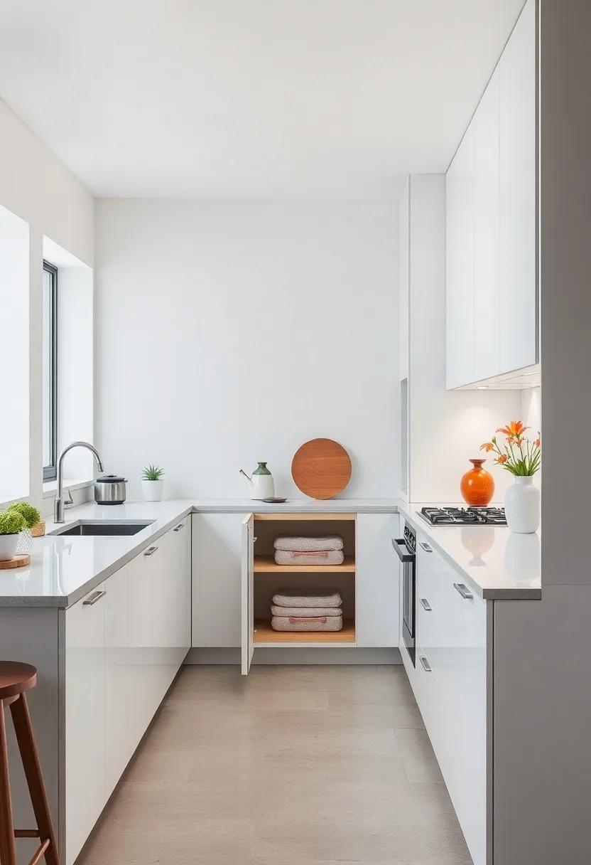 Embrace the simplicity of a sleek, white kitchen featuring a hidden pull-out pantry that seamlessly blends into the cabinetry, keeping your essentials neatly tucked away