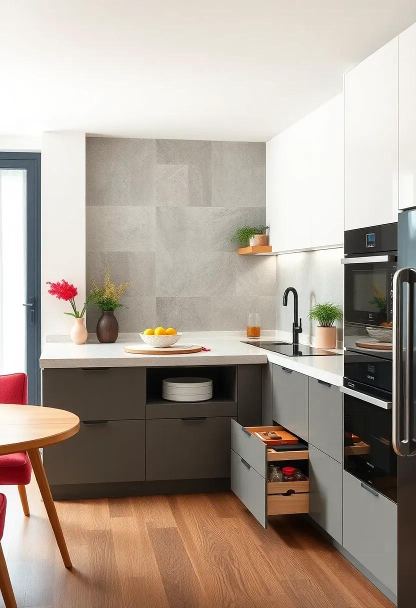Marvel at a compact kitchen with built-in drawer systems tucked beneath the counter, offering ample space for utensils while maintaining a clean, uncluttered look