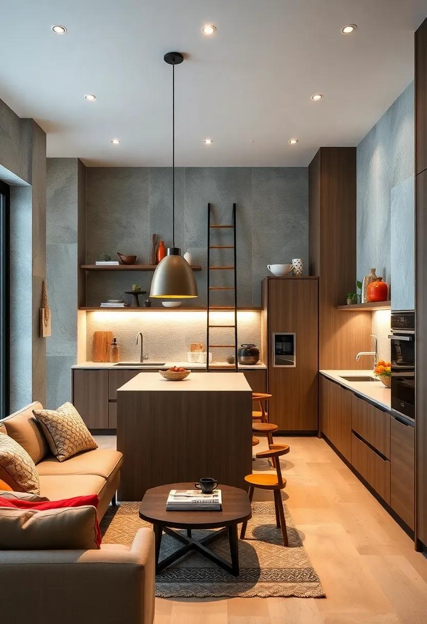 Witness a brilliant kitchen design that incorporates vertical storage, utilizing a sliding ladder to access high shelves without compromising the minimalist aesthetic