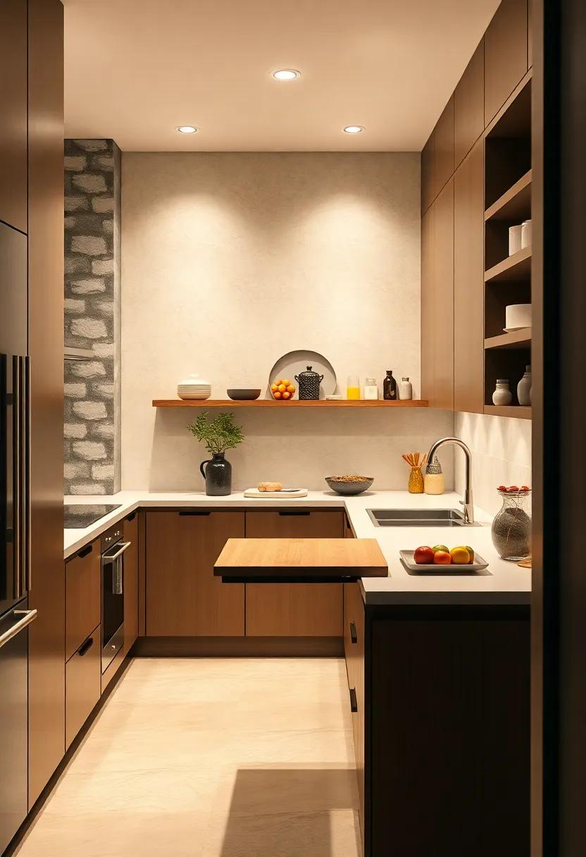 Witness the creativity of a galley kitchen featuring a hidden pull-out cutting board integrated into the countertop, allowing for easy meal prep while saving space