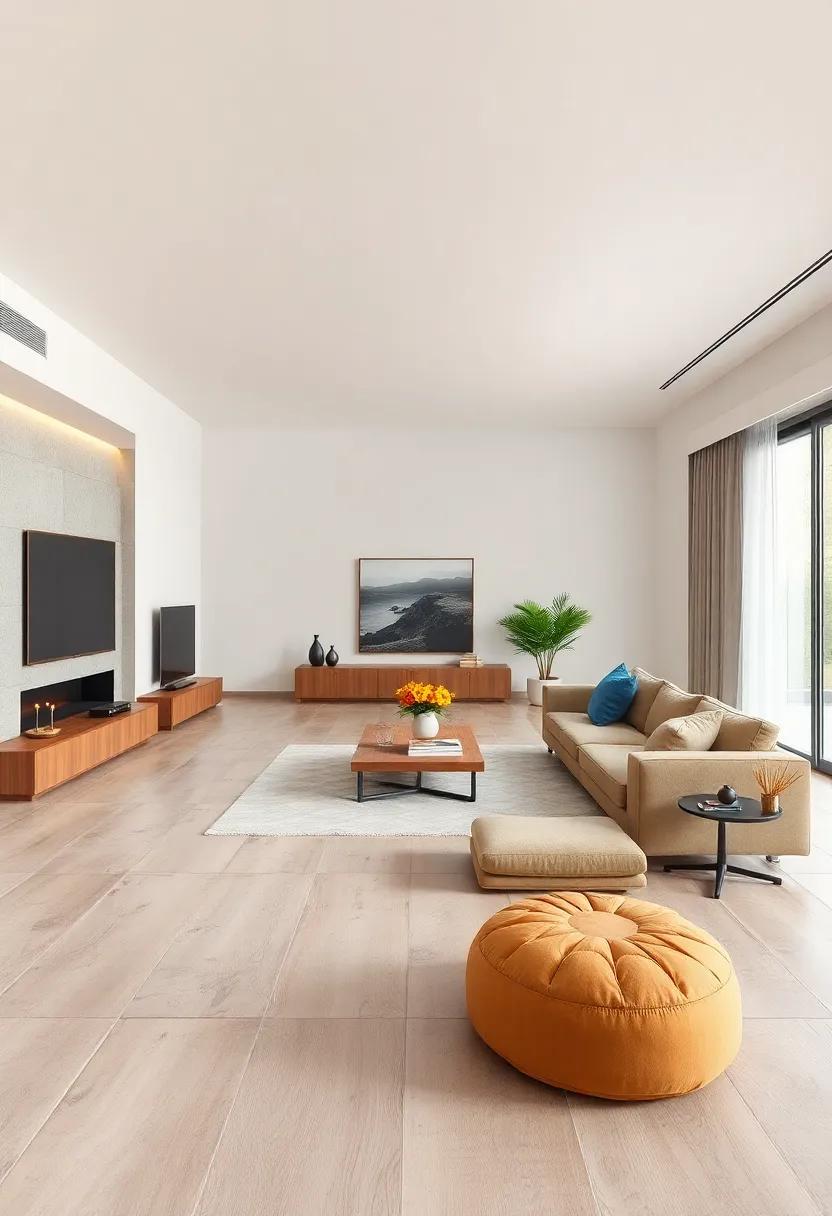 Cohesive Flooring: Use the same flooring material throughout the open plan to create a seamless flow and unifying effect