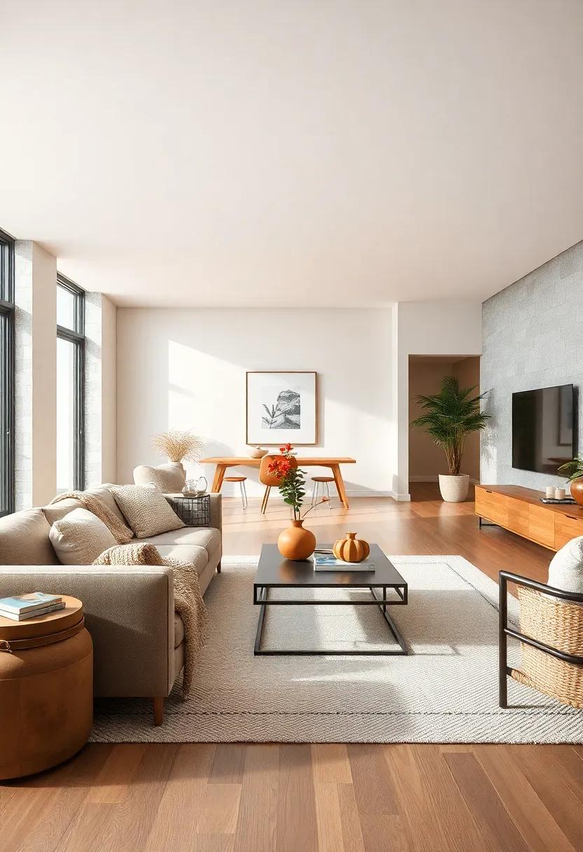 Incorporate Textures: Use varying textures—like a soft throw, a sleek coffee table, and a woven basket—to add depth to the minimalist style