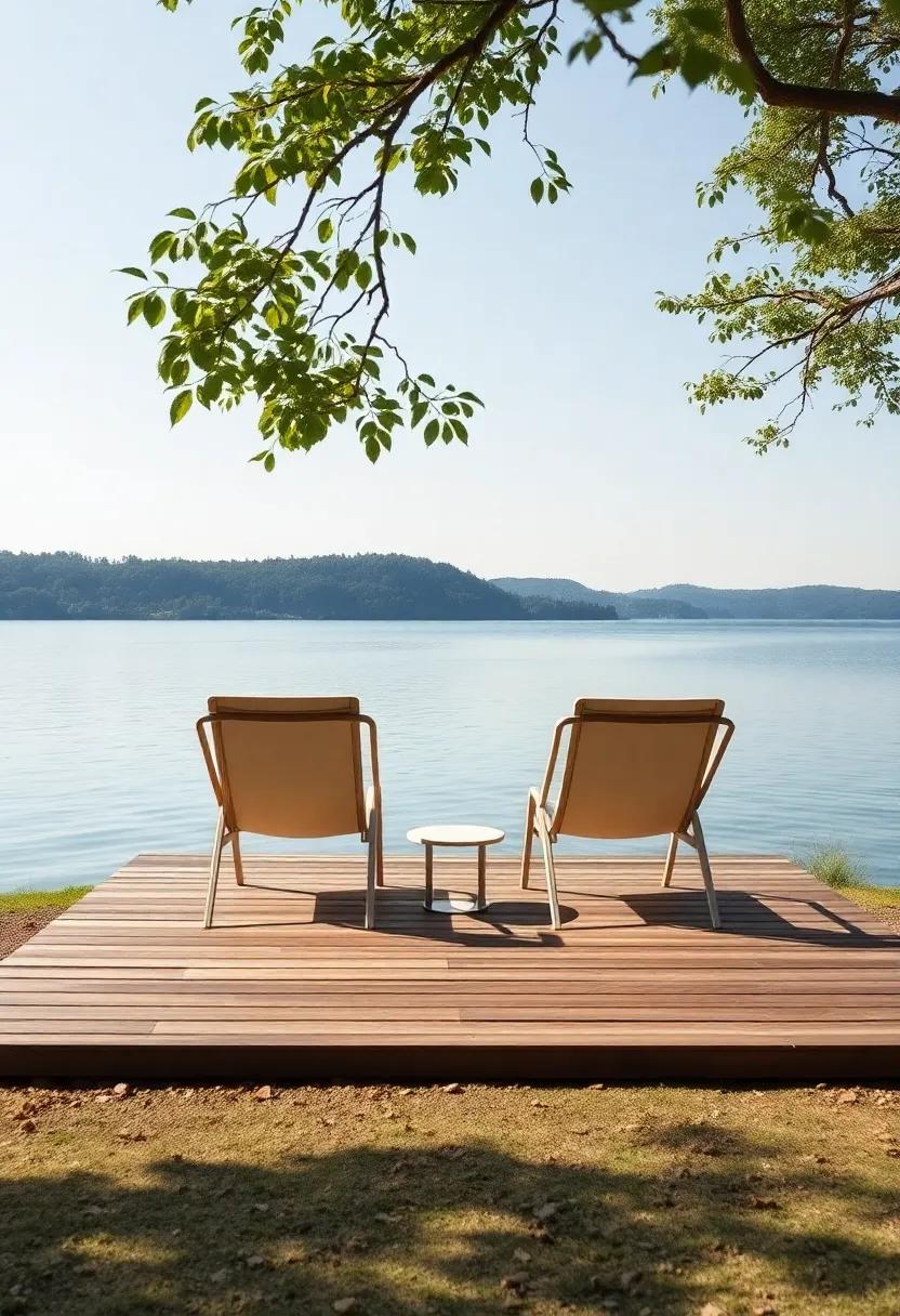 A serene lakeside retreat showcases a wooden platform paired with sleek, weather-resistant lounge chairs, inviting relaxation under the gentle rustle of leaves