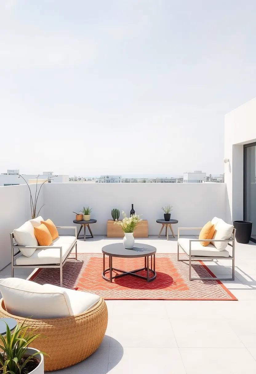 A rooftop terrace boasts an elegant outdoor rug beneath stylish side tables, providing a pop of color while maintaining a clean aesthetic
