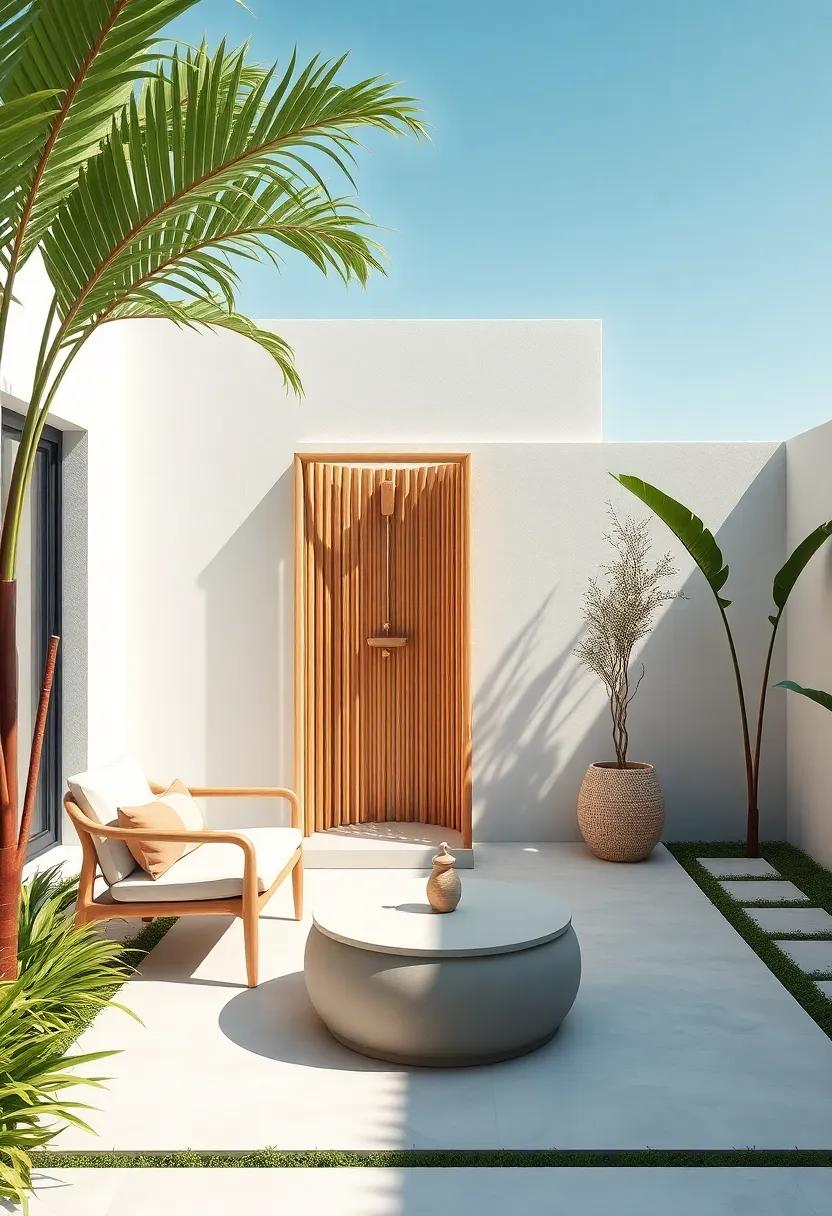 A backyard sanctuary highlights a compact outdoor shower made from bamboo, evoking a tropical feel while keeping the design incredibly sleek