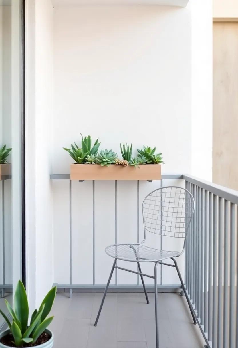 A narrow balcony features a railing-mounted garden box filled with succulents and a simple metal chair, maximizing style without sacrificing space