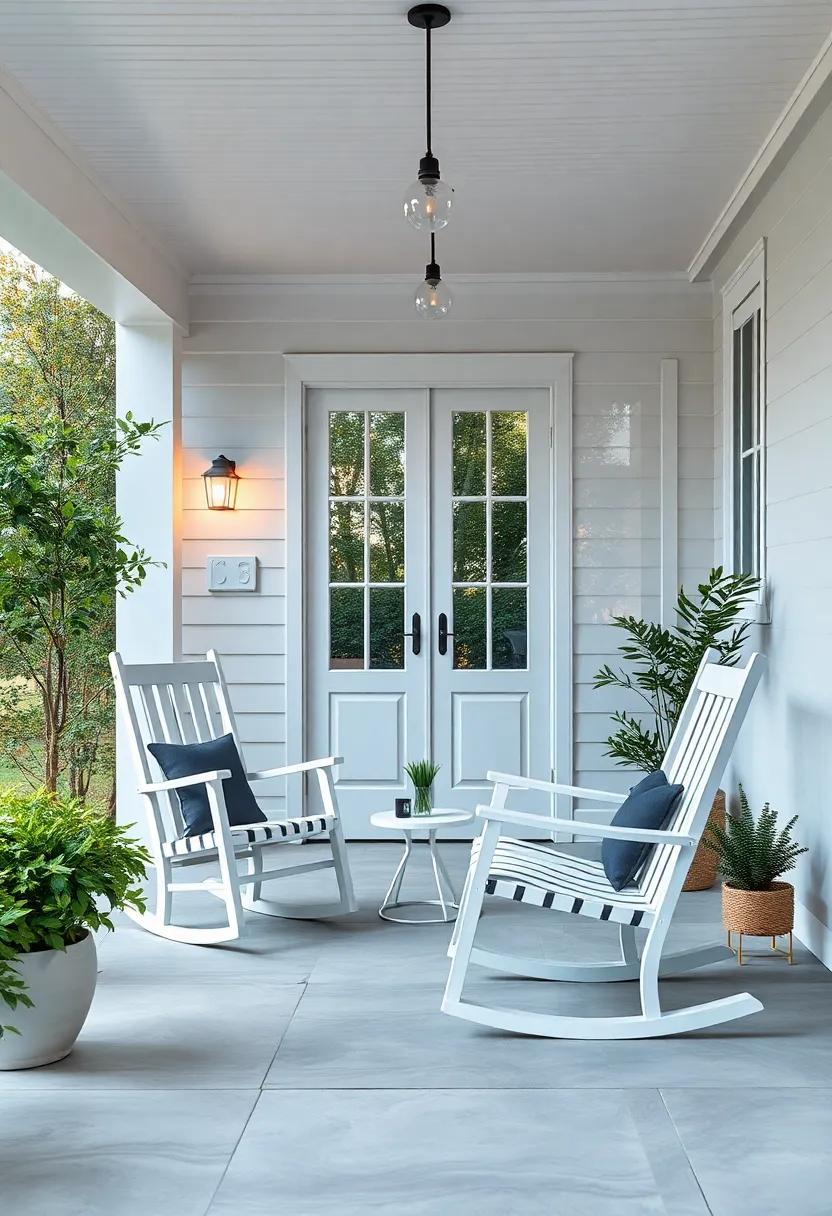 A charming front porch features a pair of modern rocking chairs, perfectly blending tradition with contemporary style, ideal for evening conversations