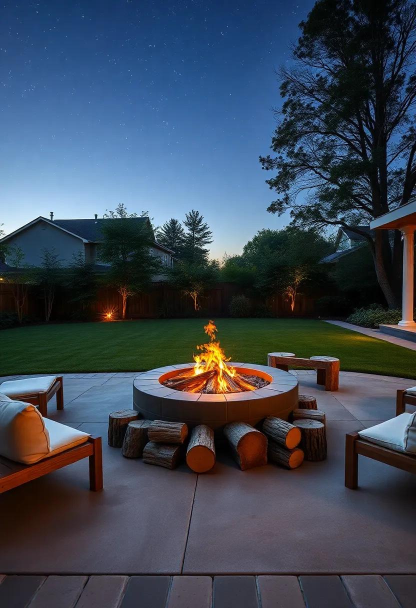 An expansive backyard embraces minimalism with a large, circular firepit surrounded by simple wooden logs, inviting cozy gatherings under the stars