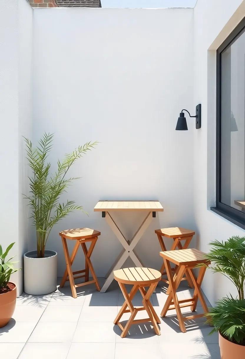A compact terrace features a wall-mounted folding table and stools that cleverly save space, blending practicality with contemporary style
