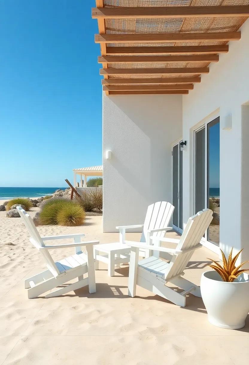 A minimalist coastal patio is adorned with simple, whitewashed Adirondack chairs that blend seamlessly with the sandy surroundings, offering a perfect spot for morning coffee
