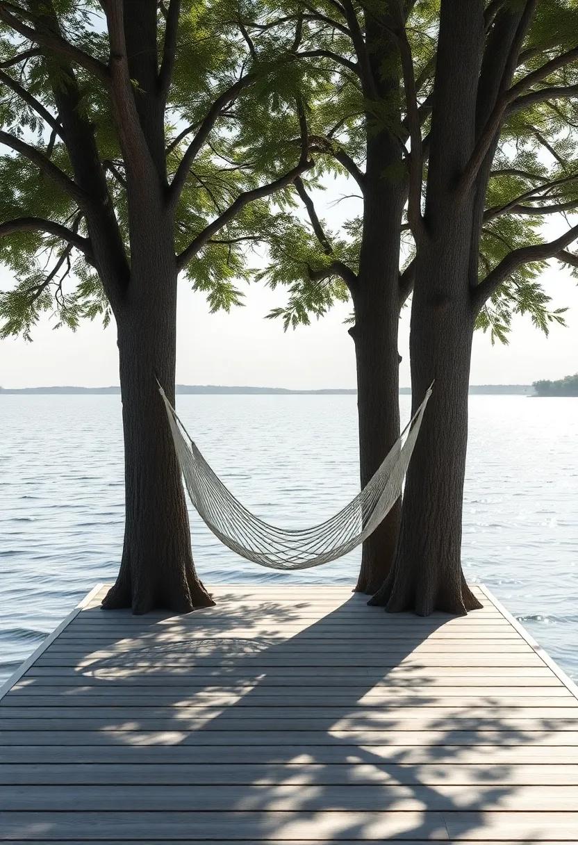 A lakeside dock highlights a single stylish hammock strung between two trees, offering the ultimate relaxation spot with a view of shimmering waters