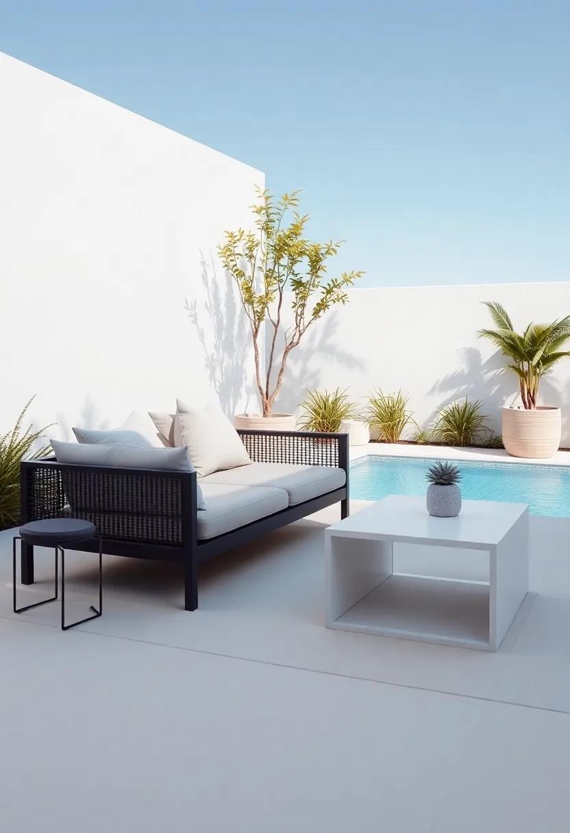 An urban rooftop garden features a compact dining set crafted from recycled materials, perfect for enjoying meals against a backdrop of the city skyline