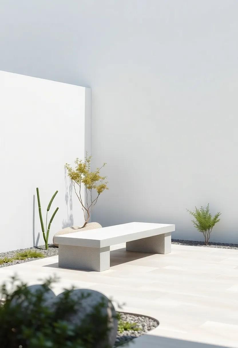 A simple zen garden incorporates a single concrete bench, encouraging mindfulness and appreciation for nature's beauty in its purest form