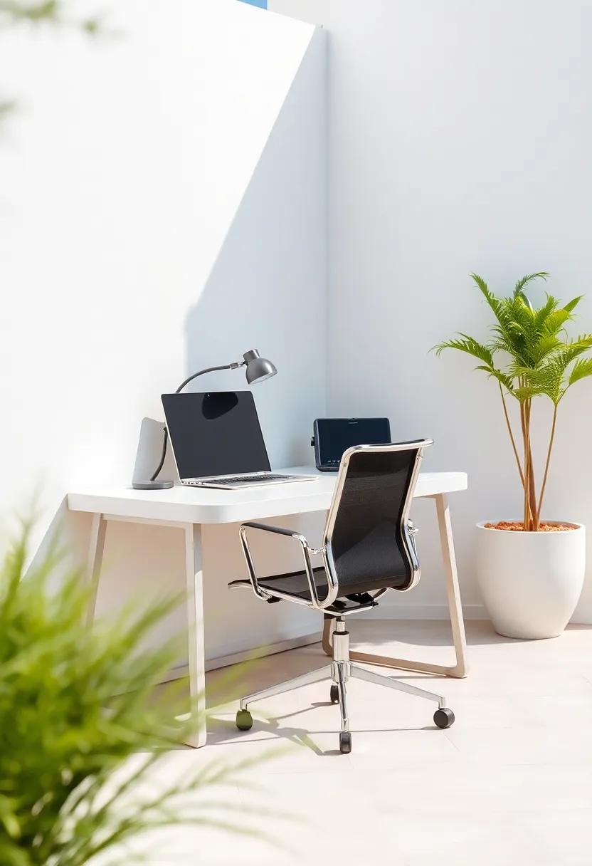 An outdoor workspace is defined by a sleek, minimalist desk paired with an ergonomic chair, combining utility and style in a natural setting