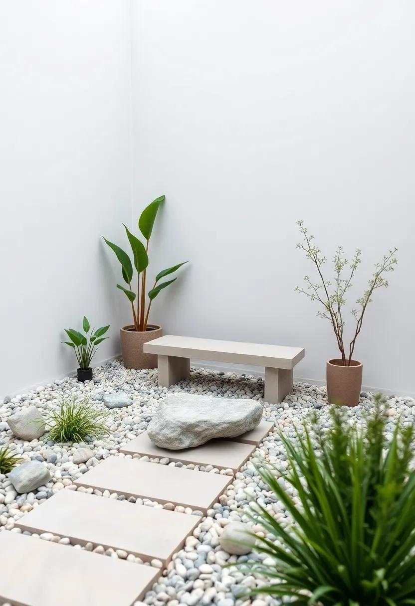 A backyard zen area includes a single stone bench surrounded by carefully curated pebbles and minimalist plants, fostering tranquility and peace