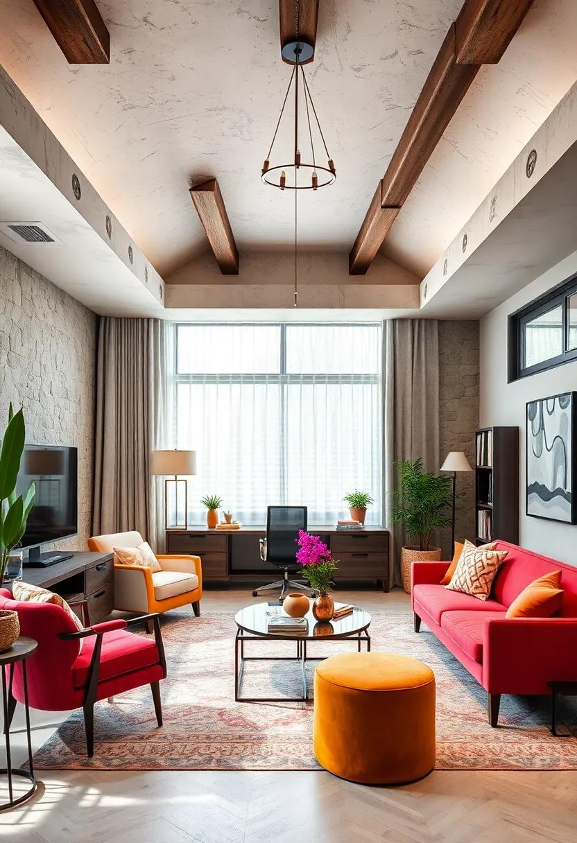 Choose statement Flooring: Go beyond standard flooring with colorful tiles or bold area rugs to make your office floor a focal point