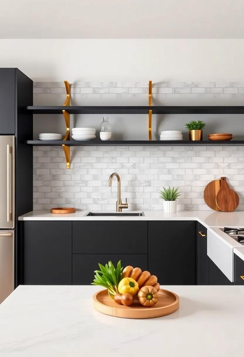 Brass Shelving Brackets: Incorporate brass brackets for open shelves to bring a modern twist to your kitchen storage while showcasing your personality