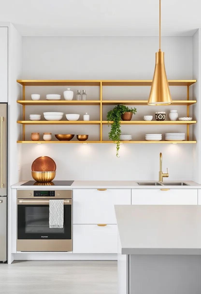 Brass Open Shelving: Utilize⁤ open‍ shelving in ⁢brass for displaying ⁢decorative items while keeping the space ‍feeling open and airy