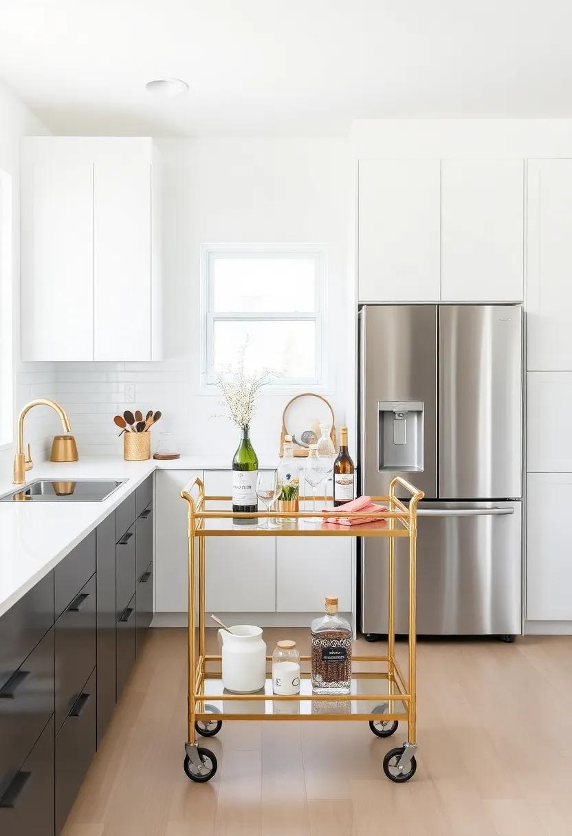 Feature a Brass⁣ Bar Cart: Use a brass bar cart as a chic serving station or additional storage, perfect for entertaining guests
