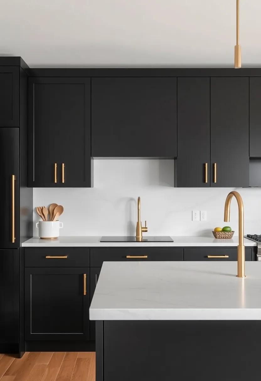 Paint Your Cabinets: For a bold statement,paint your cabinets a dark color and accessorize with brass hardware for a striking contrast