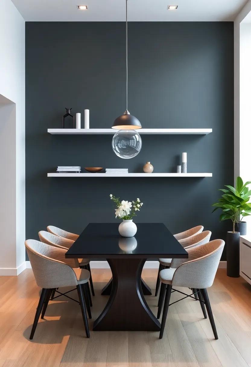 Embrace Minimalism: opt for sleek, minimalist floating shelves that complement a chic, modern dining table and allow decor to shine
