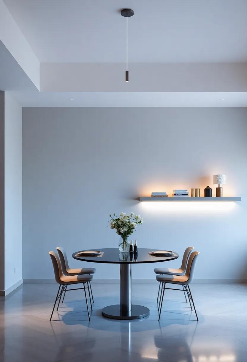 Illuminated Elegance: Incorporate LED lights beneath floating shelves to create a warm, inviting ambiance during dinner parties