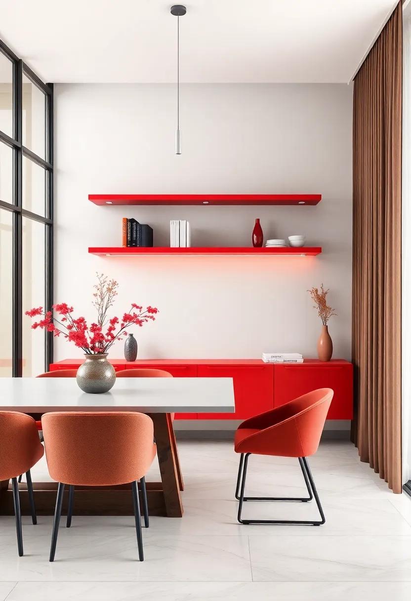 Bold Color Accents: choose floating shelves in a striking color to pair with neutral dining room hues for a stylish contrast