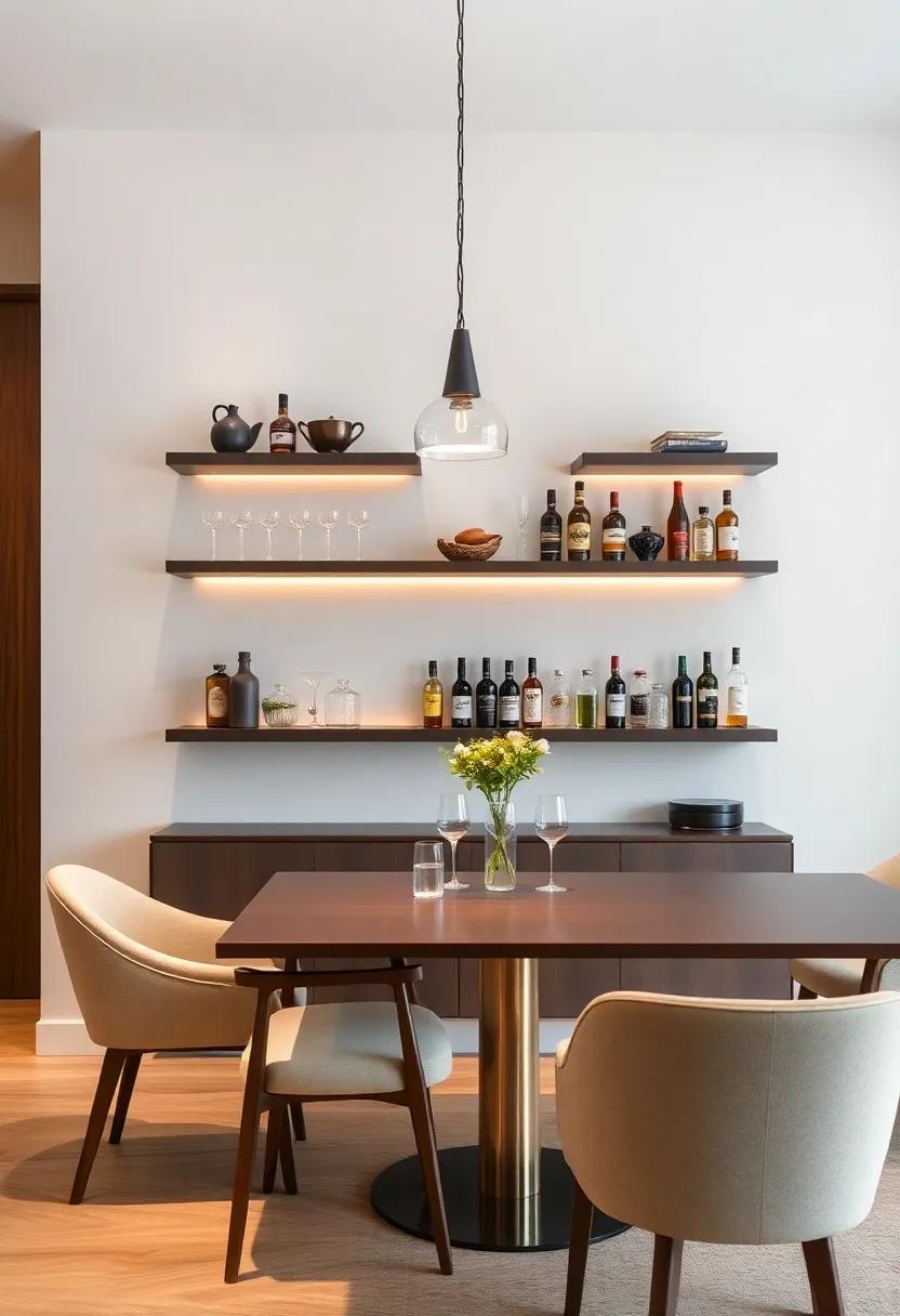 Functional Floating Bars: Transform floating shelves into an elegant home bar, complete with stylish glassware and premium spirits