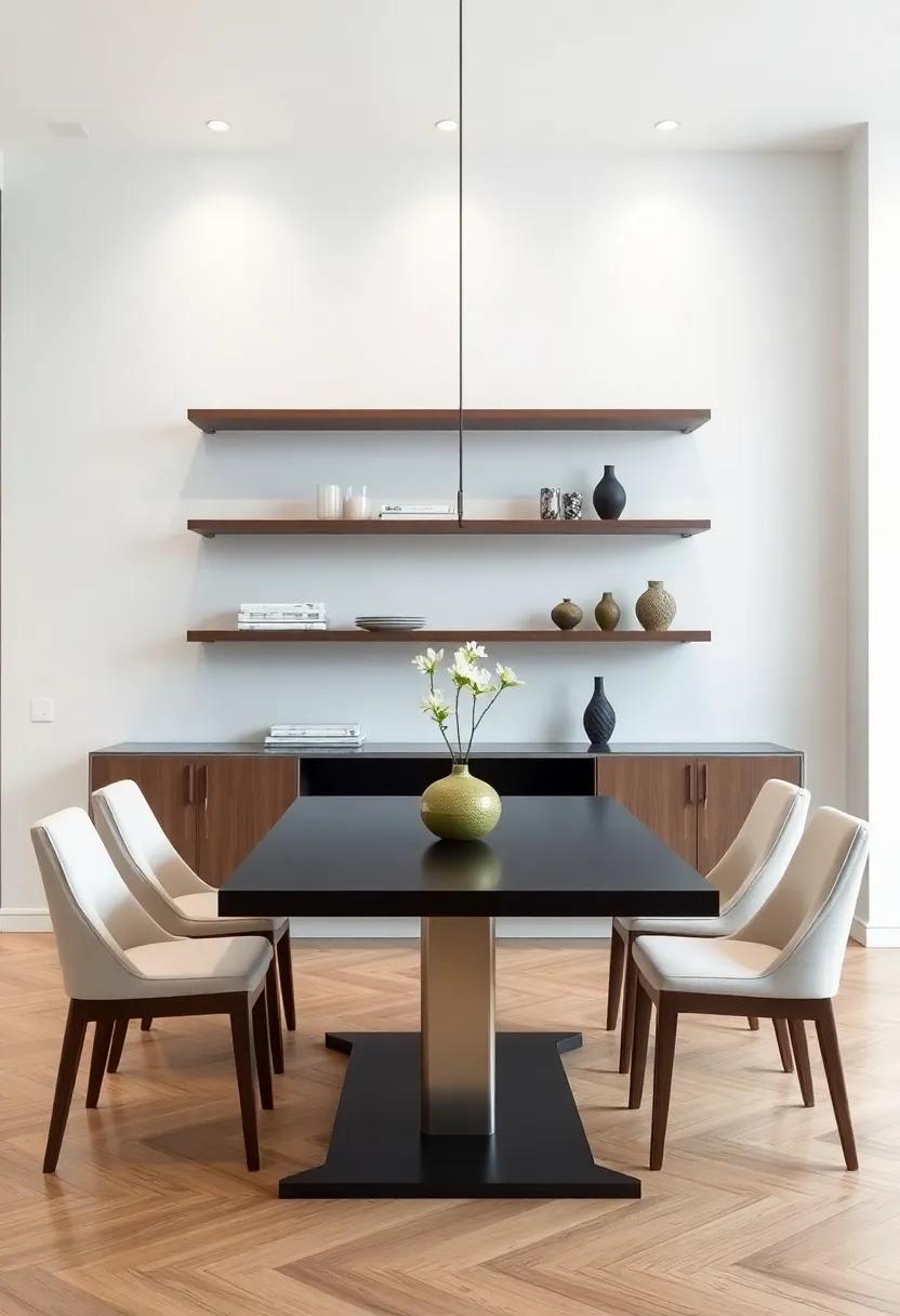 Sophisticated Storage: Install floating shelves with a hidden mounting system to create a clean look while providing essential storage for dining essentials