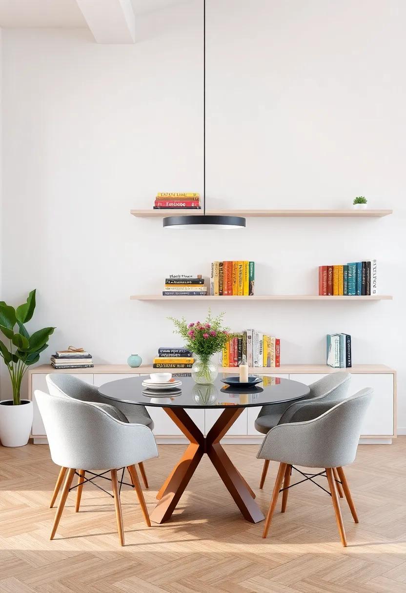 Colorful Cookbooks: Style your floating shelves with vibrant cookbooks, making them a decorative yet functional element of your dining space