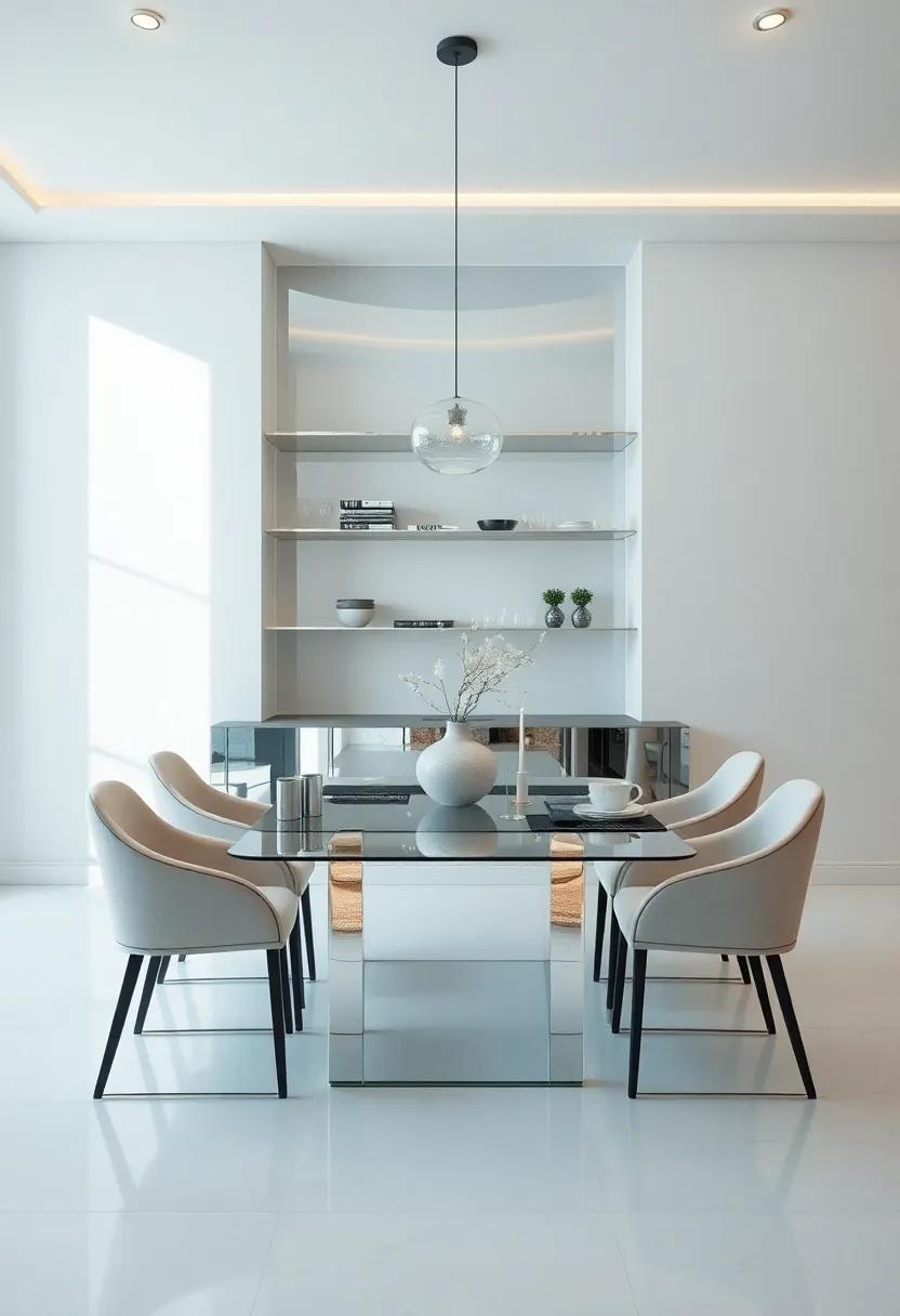 Mirrored Magic: Integrate mirrored floating shelves that reflect light and space, making your dining area appear larger and more luxurious
