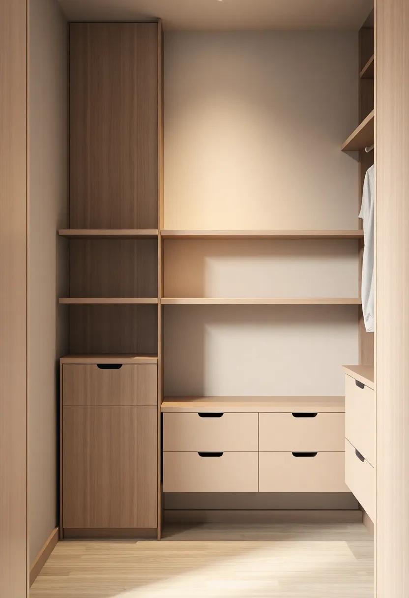Embrace minimalism: Opt for sleek,floating shelves in neutral tones to create an airy,uncluttered feel in your walk-in closet