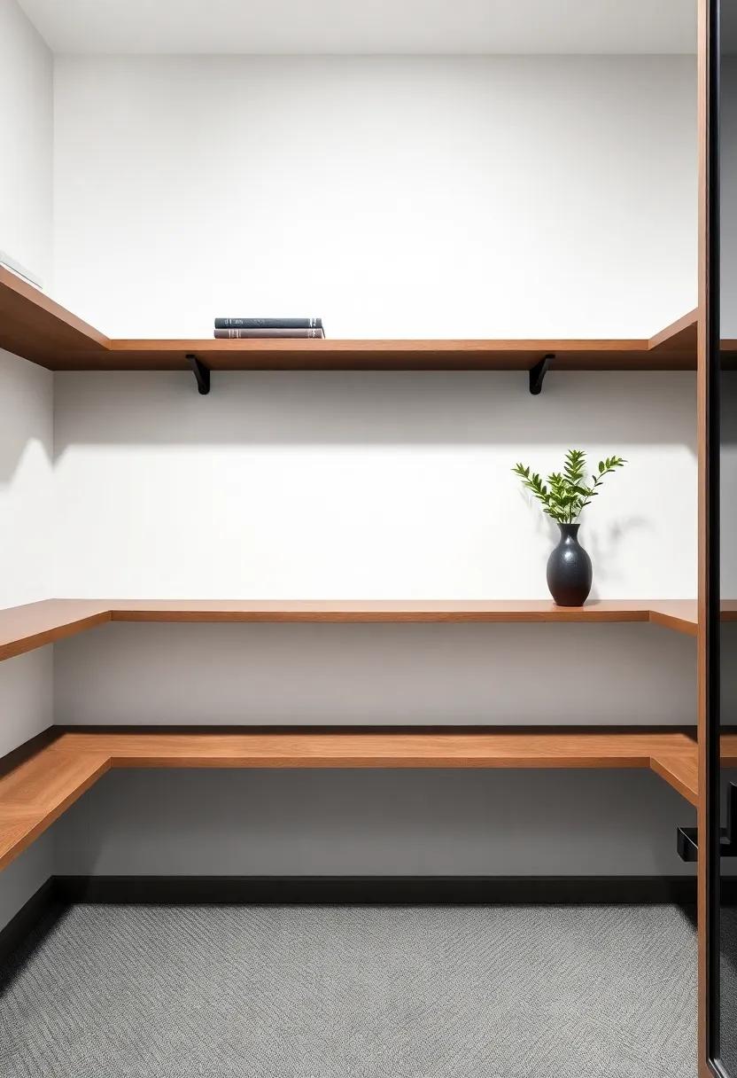 Create a statement wall: Choose a bold paint color or wallpaper behind floating shelves to make your closet a striking feature of your home