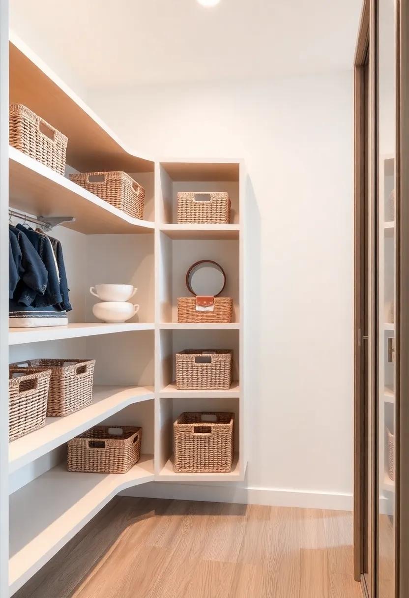 Incorporate storage baskets: Use chic baskets on floating shelves to hide away smaller items while maintaining a sophisticated look