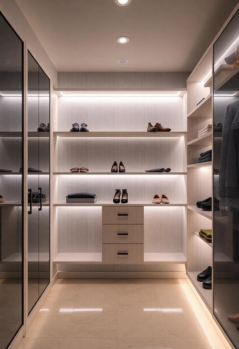 Incorporate ambient lighting: Install LED strip lights under each shelf to illuminate your shoes and accessories, giving your closet a high-end glow