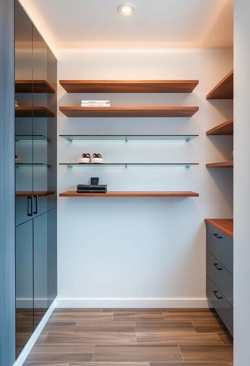 Mix materials: Use a blend of wood and glass for floating shelves, adding depth and sophistication while showcasing your items beautifully