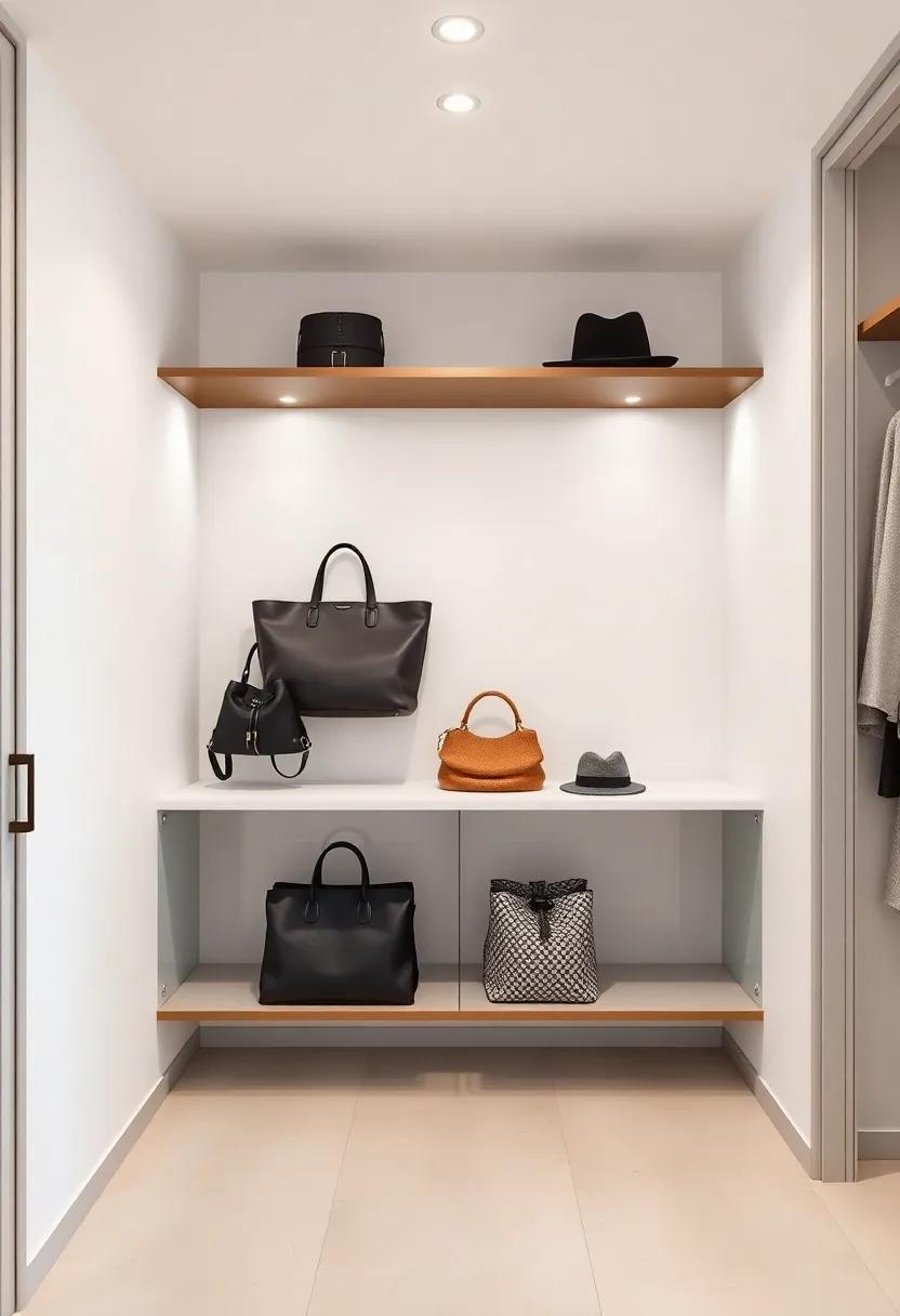 Curate a display: Dedicate one floating shelf to showcase your favorite bags or hats, turning storage into an elegant display