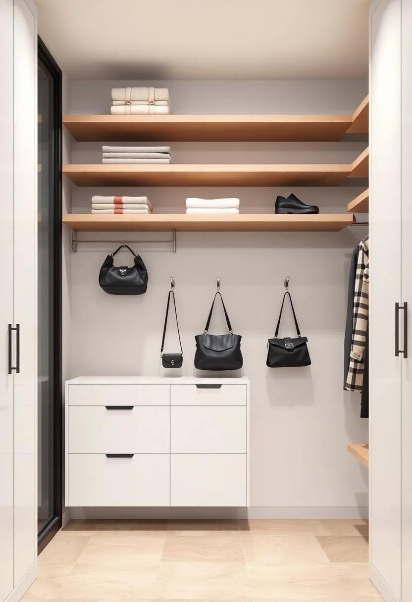 include hooks beneath shelves: Add hooks under floating shelves to hang accessories or bags,maximizing vertical space while keeping items close at hand