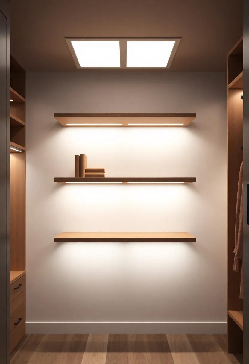 Layer lighting designs: Combine shelving with accent lights above or below to create layers of light that enhance the ambiance of your closet