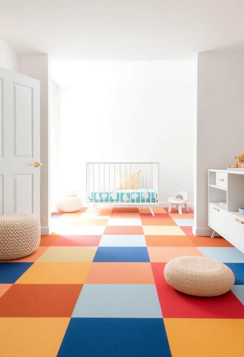 Bright Playful flooring: look for foam or rubber flooring in fun patterns that support safe crawling while adding a pop of color to the space