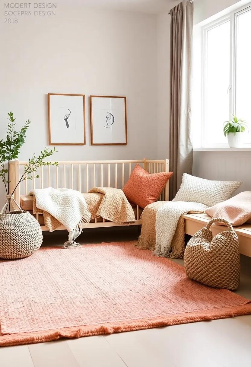 Cozy Textiles: layer soft rugs, quilted blankets, and plush cushions to create a warm, inviting space where both parent and baby can feel at ease