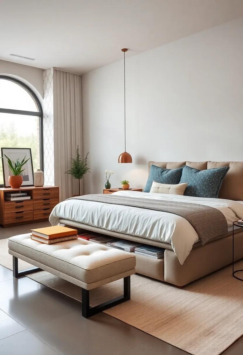 Bench with Hidden Storage: add a chic bench at the foot of your bed that doubles as a storage solution for extra linens or seasonal clothing