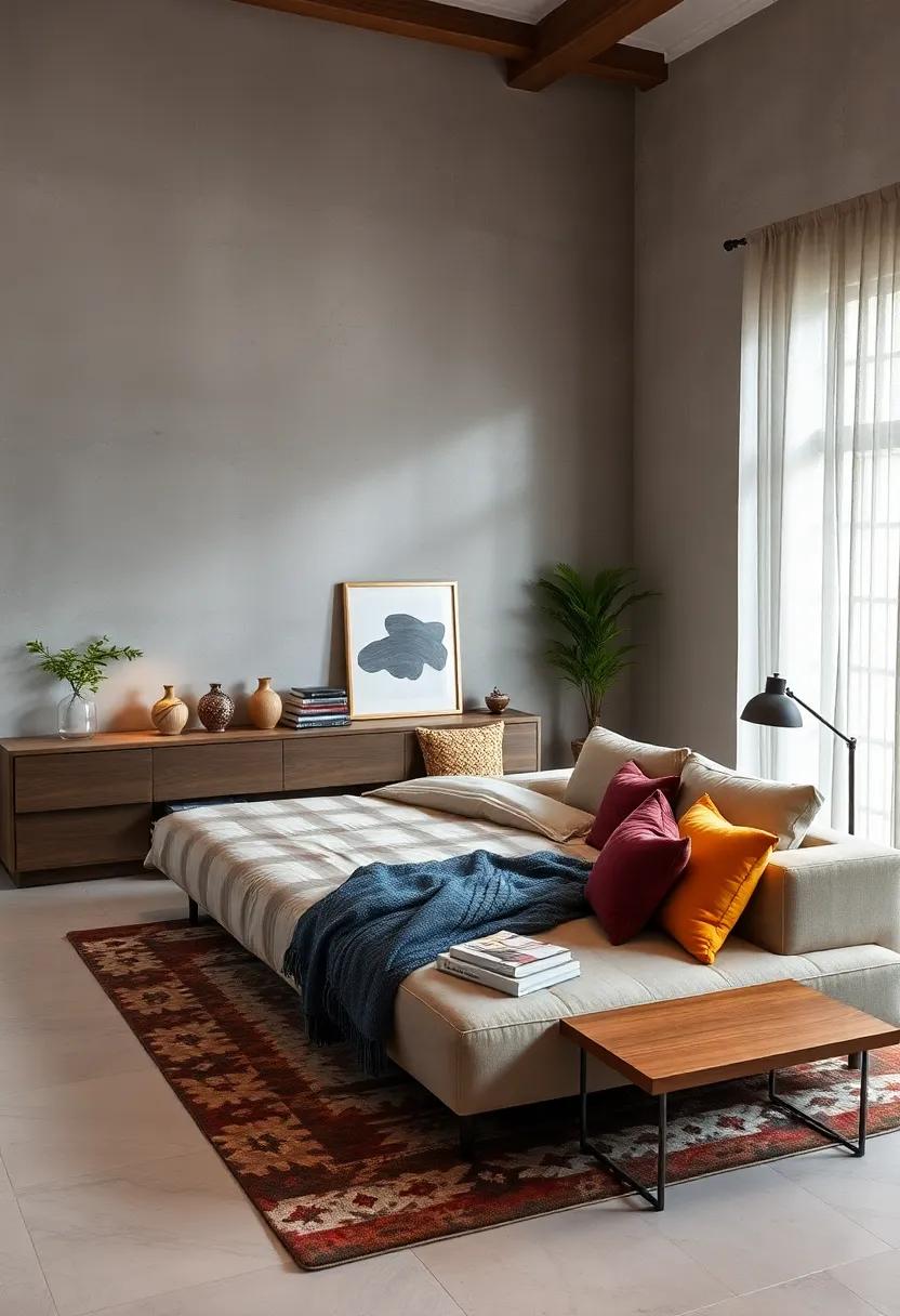 Sofa Bed: A versatile piece that allows for comfortable seating by day and a cozy bed by night, perfect for accommodating guests