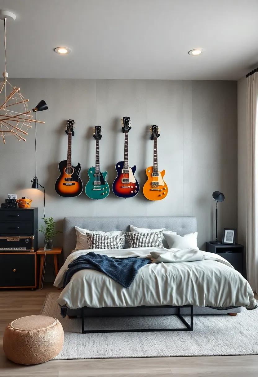 Guitar Display: Hang guitars on the wall as both decoration and functional art, showcasing his instruments as part of the room's aesthetic