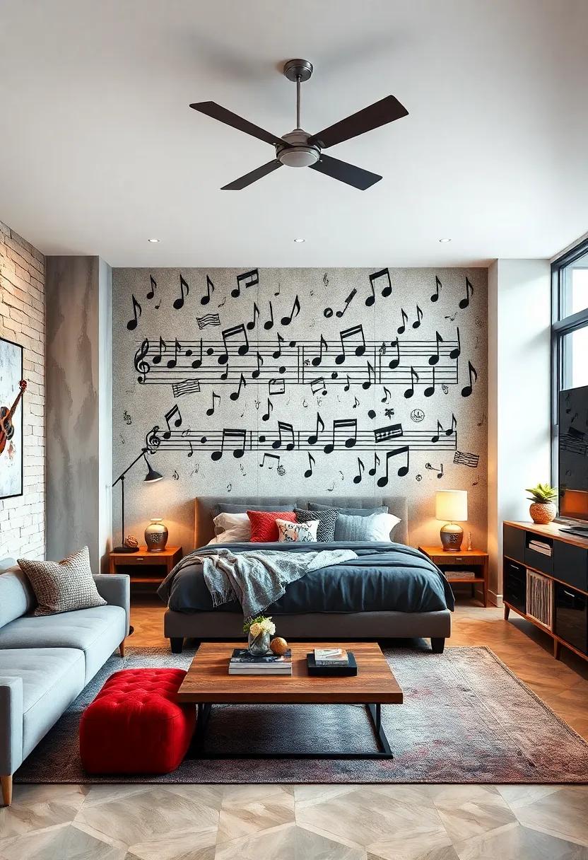 Musical Notes Mural: Use removable wallpaper or decals shaped like musical notes or instruments to add a playful flair without permanent changes