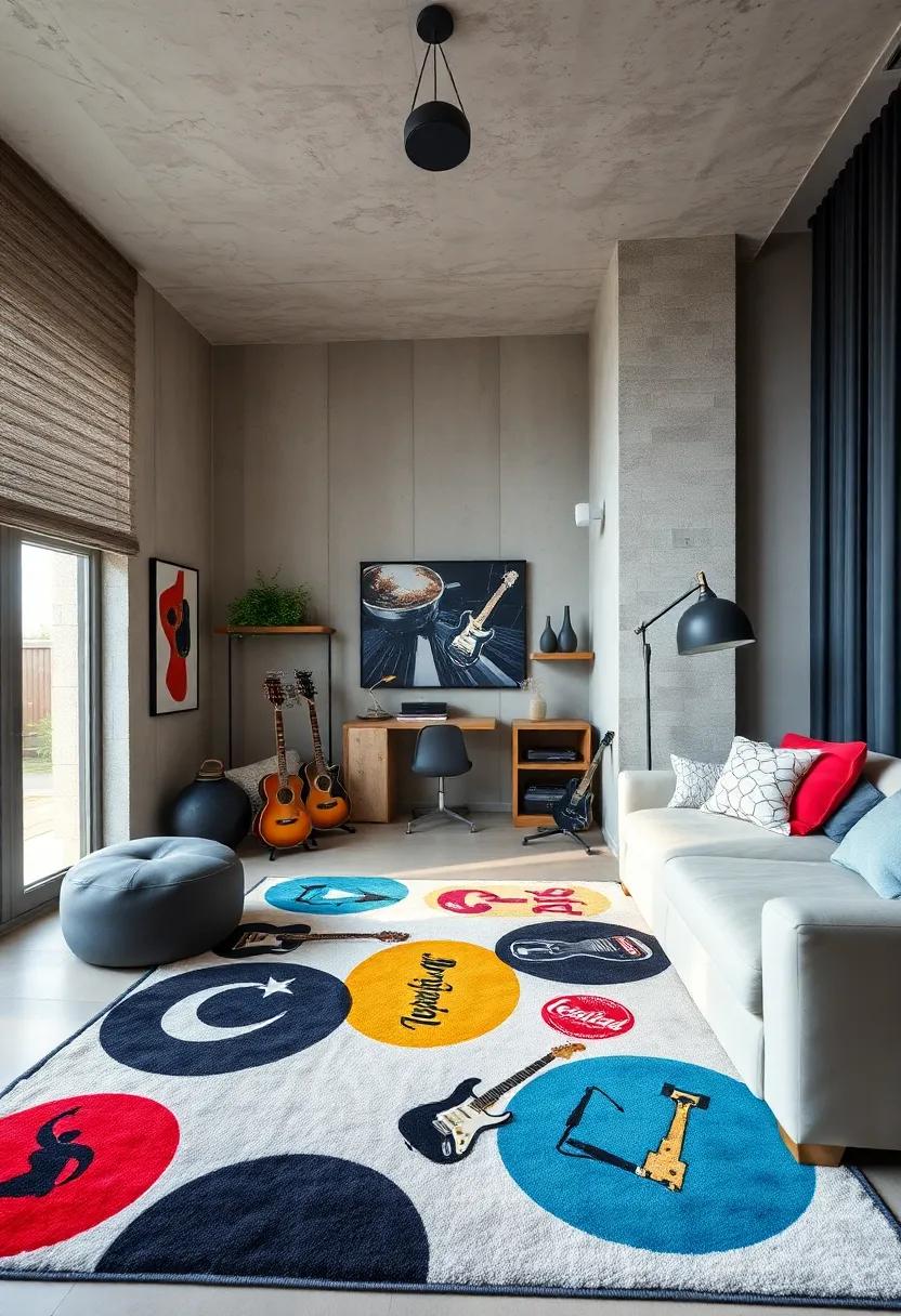 Music-themed Rugs: Choose rugs that feature music patterns or favorite band logos to add comfort and style to the room